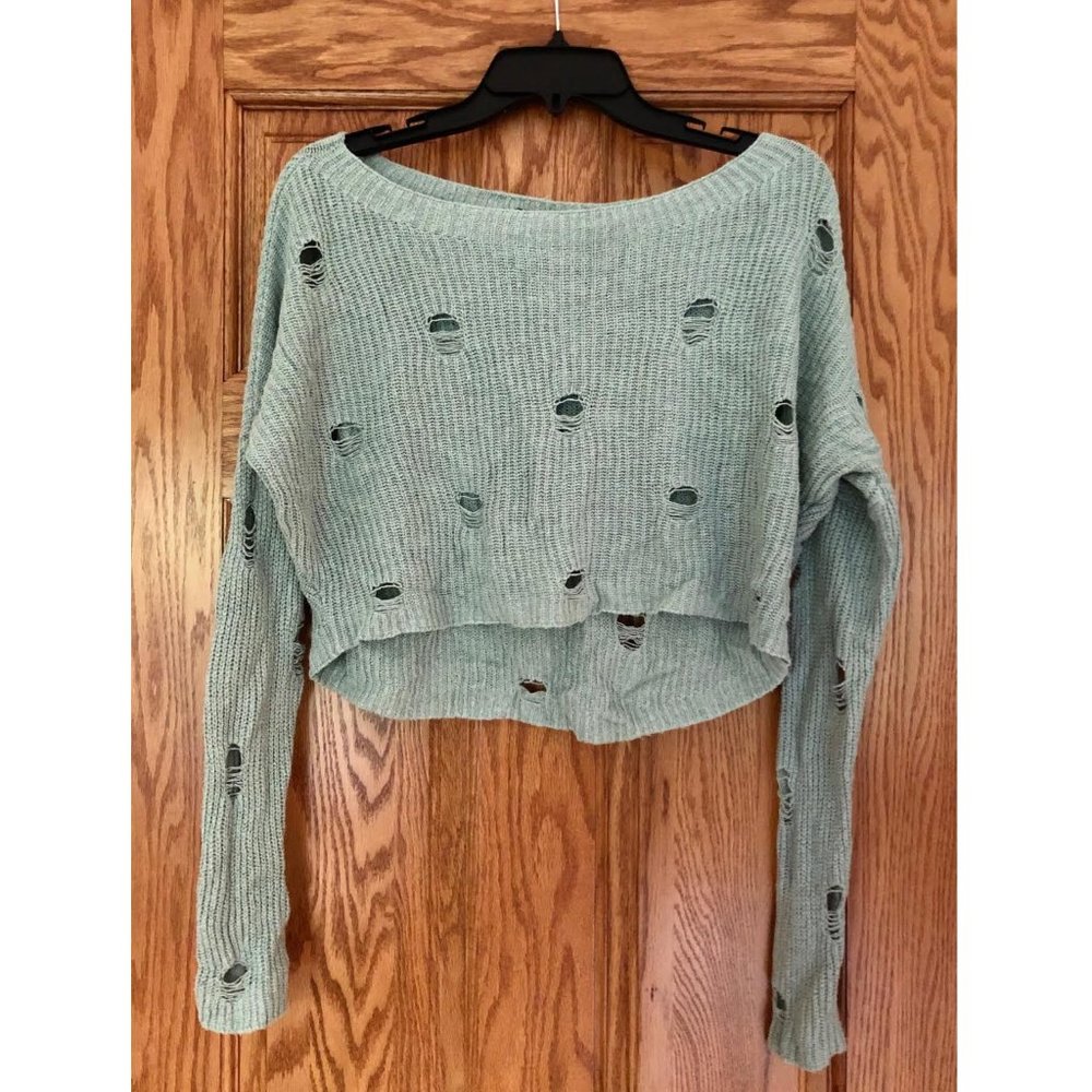 Express Light Teal Cropped Sweater w/Holes Size S